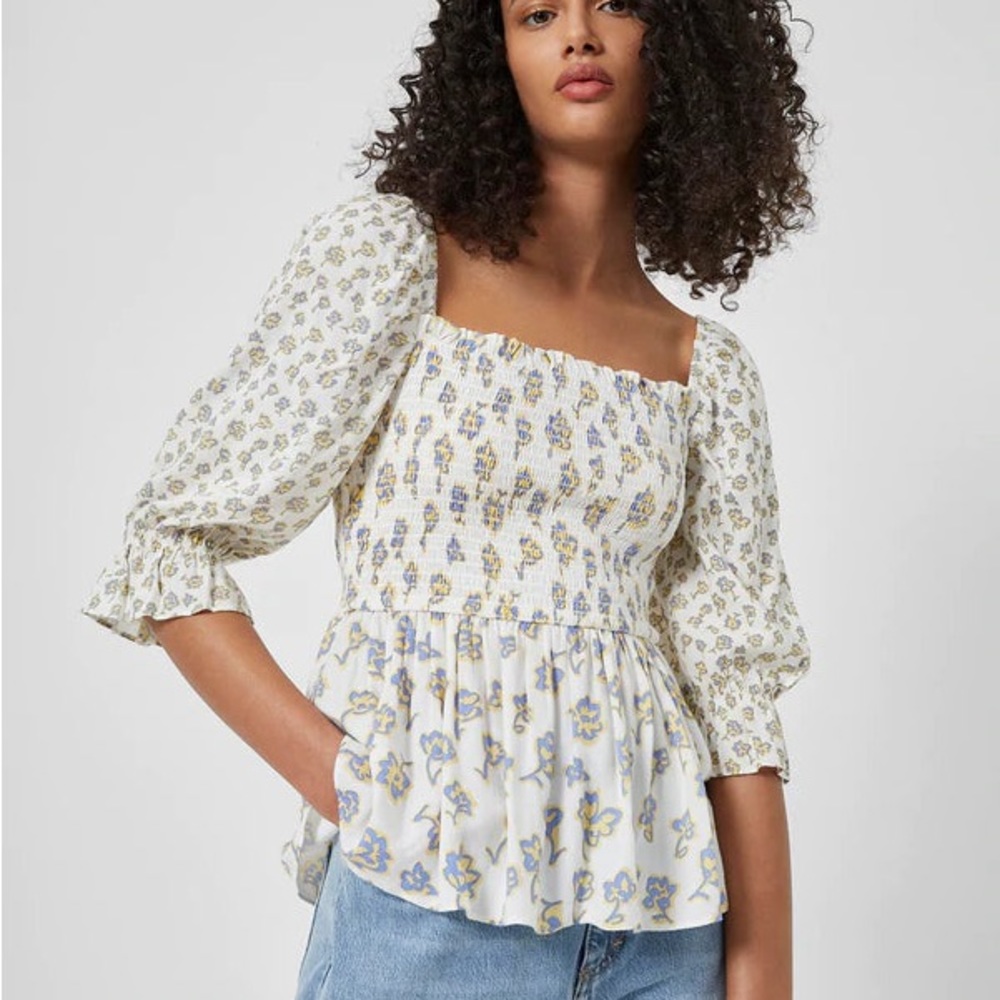 French Connection White Multi Doria Smock Balloon Sleeve Top XS